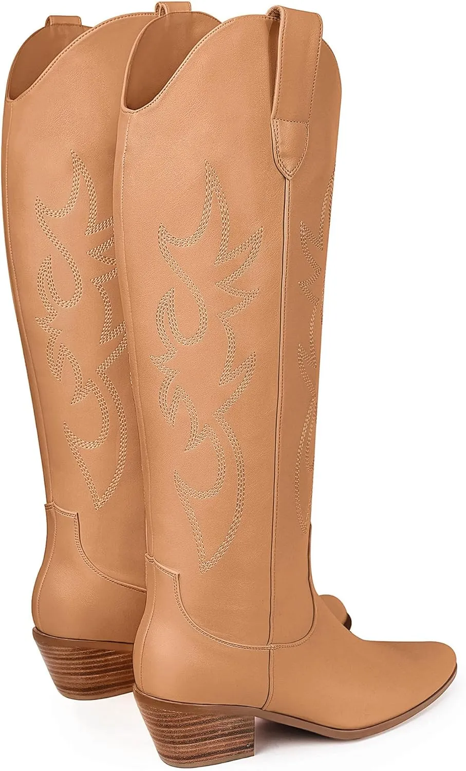 Ouepiano Cowboy Boots for Women Knee High Cowgirl Boots Embroidered Chunky Heels Pointed Toe Long Tall Western Boot Pull On