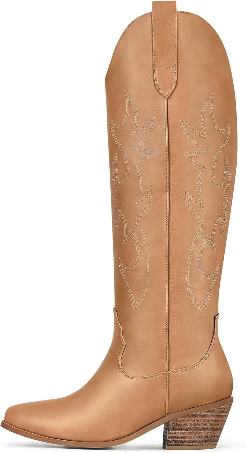 Ouepiano Cowboy Boots for Women Knee High Cowgirl Boots Embroidered Chunky Heels Pointed Toe Long Tall Western Boot Pull On