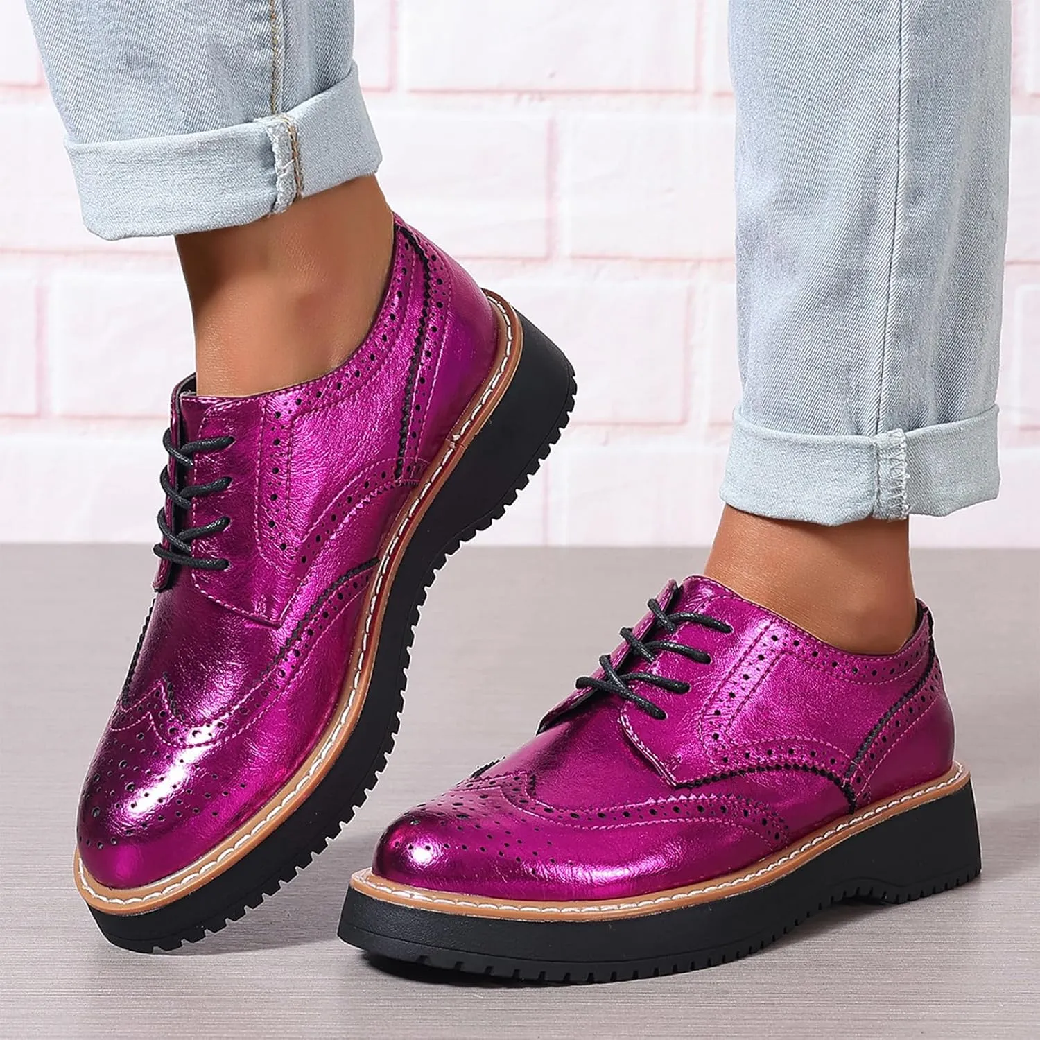 Oxford Shoes for Women Round Toe Wingtips Brogues Lace up Platform Loafers Business Casual Office Dress Shoes, US Size 5-11