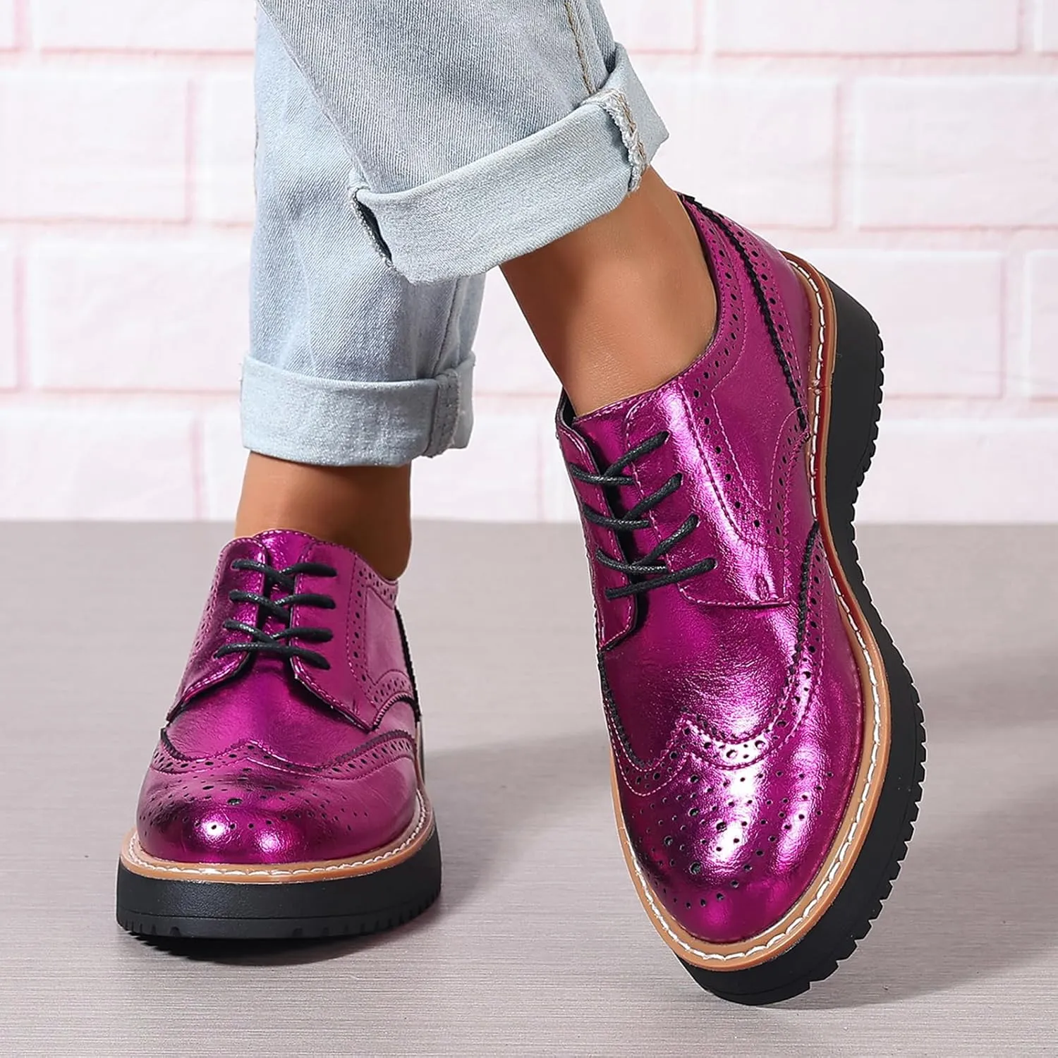 Oxford Shoes for Women Round Toe Wingtips Brogues Lace up Platform Loafers Business Casual Office Dress Shoes, US Size 5-11