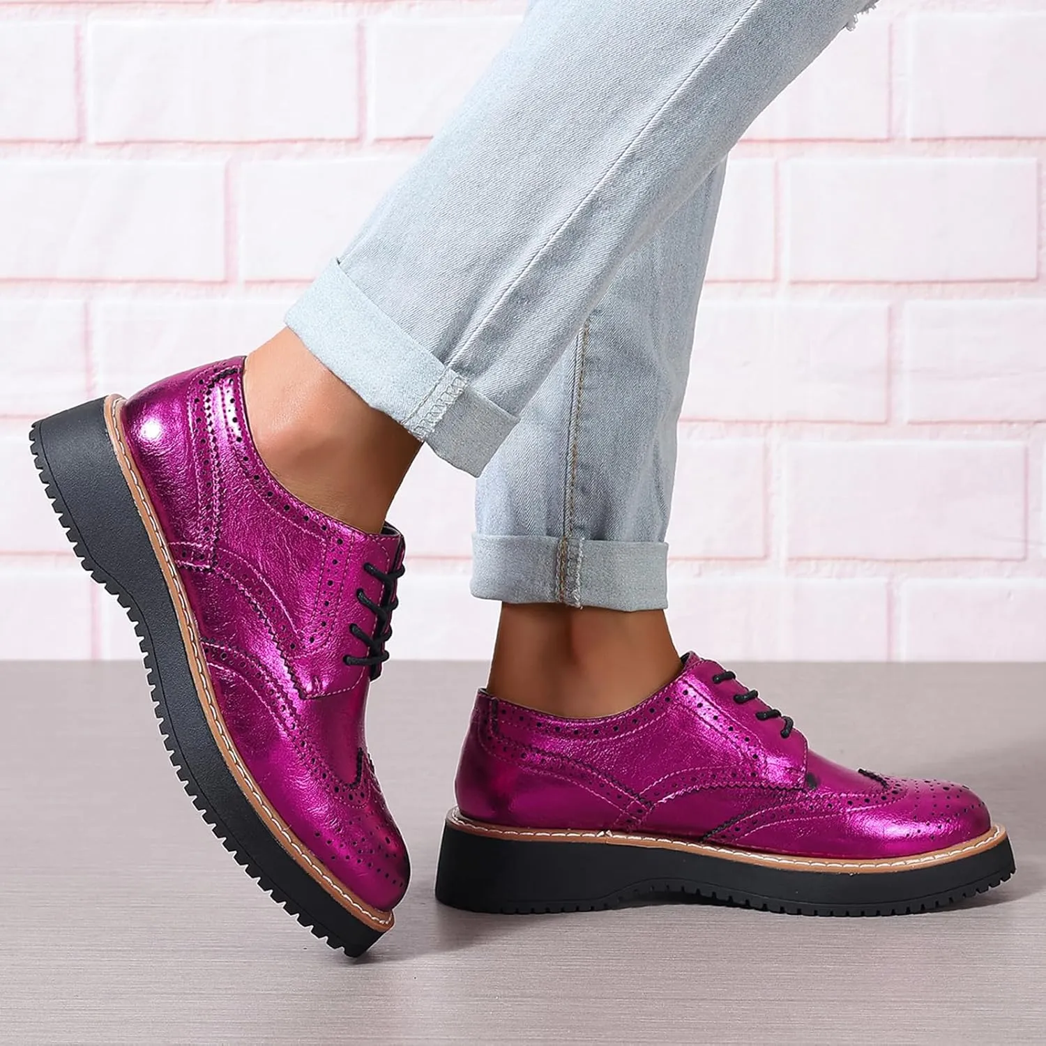 Oxford Shoes for Women Round Toe Wingtips Brogues Lace up Platform Loafers Business Casual Office Dress Shoes, US Size 5-11
