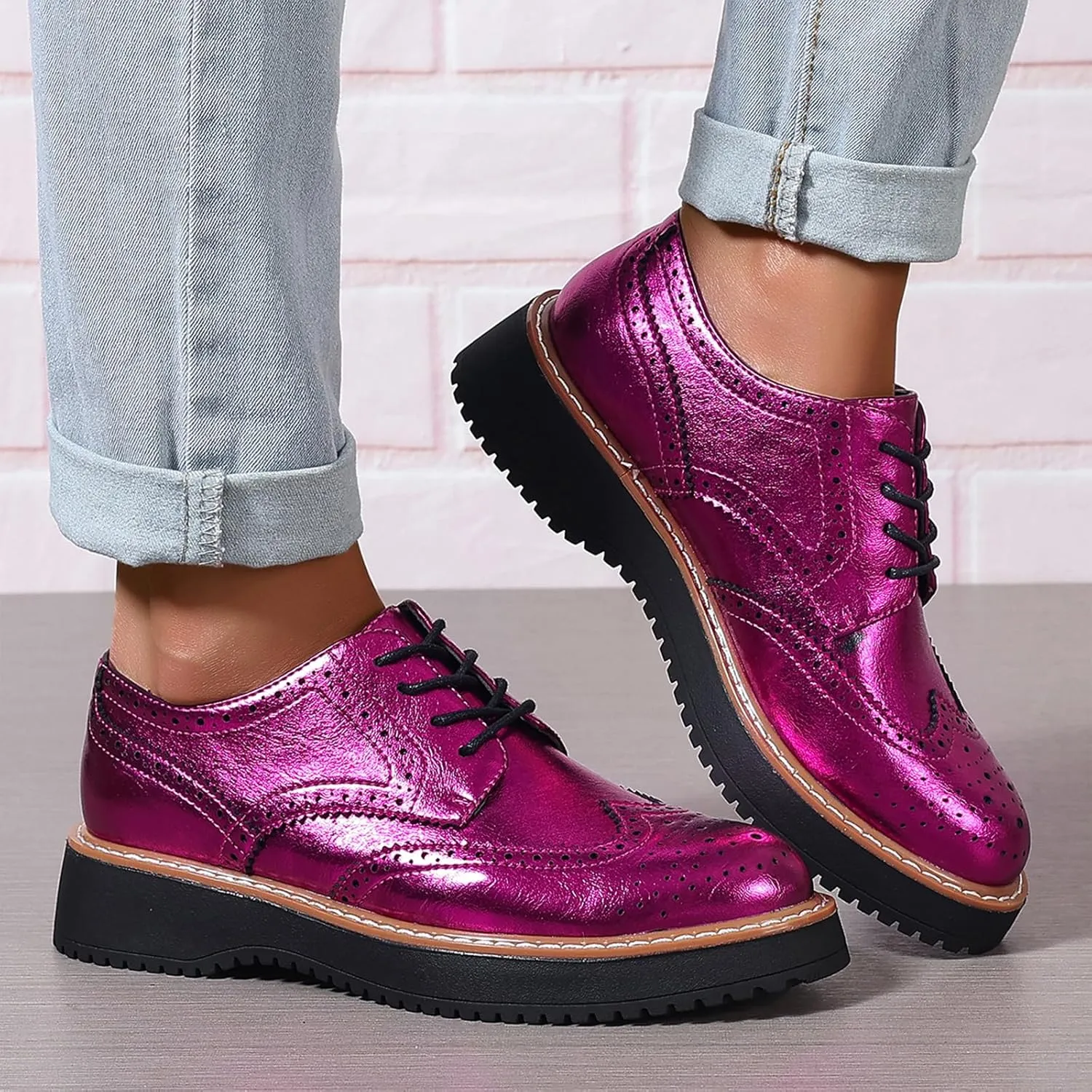 Oxford Shoes for Women Round Toe Wingtips Brogues Lace up Platform Loafers Business Casual Office Dress Shoes, US Size 5-11