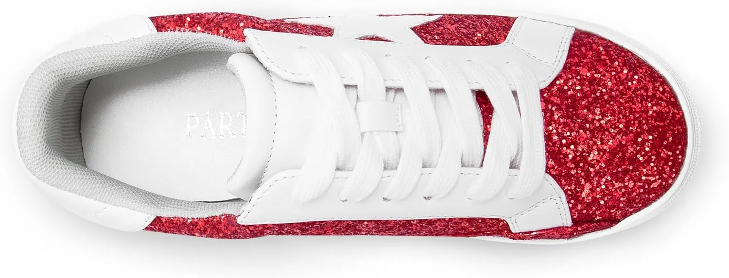 PARTY Women's Glitter Fashion Star Sneakers Low Top Platform Lace Up Comfortable Wedding Walking Shoes