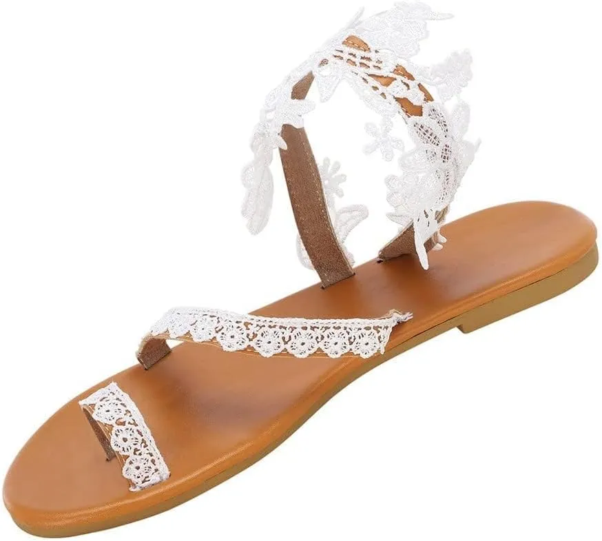Pearl Rhinestone Boho Sandals for Women Summer Dressy Wedding Shoes Flower Sandal Strappy Bohemian Flat Cute Bride Bridesmaid Beach Vacation Summer Shoes M,8