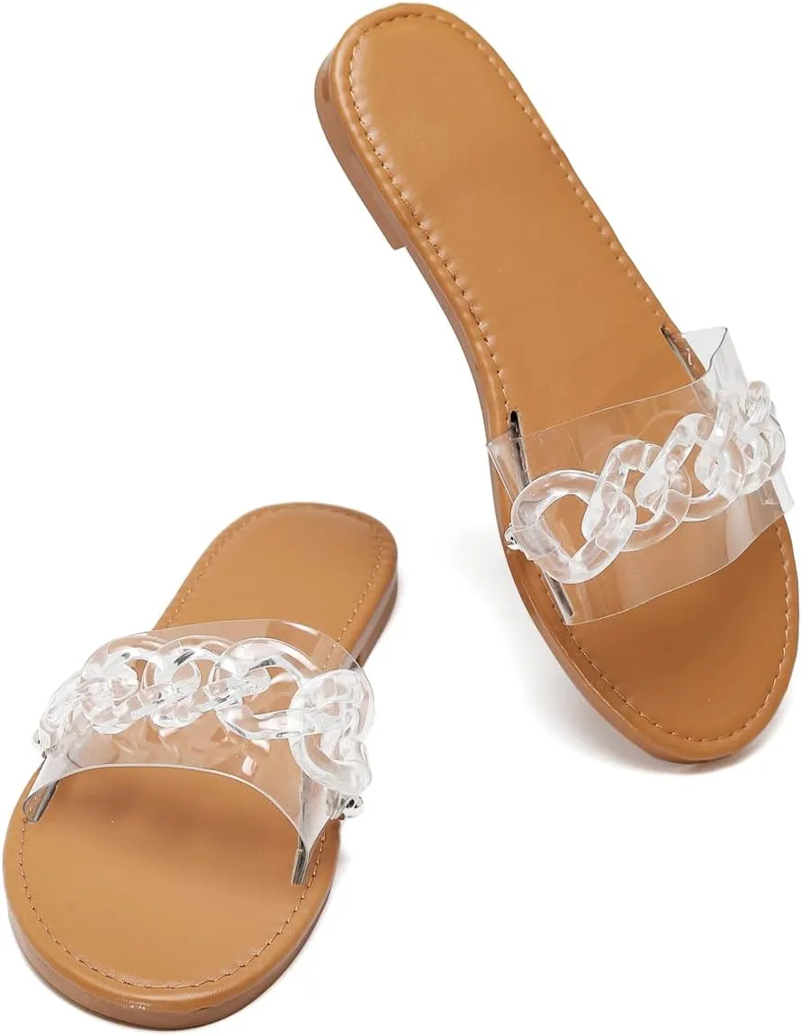 pearl&she Women Summer Glitter Candy Color Chain Slides Flat Low Wedge Sparkle ladies Sandals Shoes
