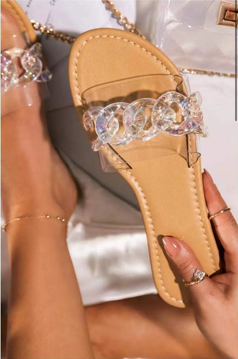 pearl&she Women Summer Glitter Candy Color Chain Slides Flat Low Wedge Sparkle ladies Sandals Shoes