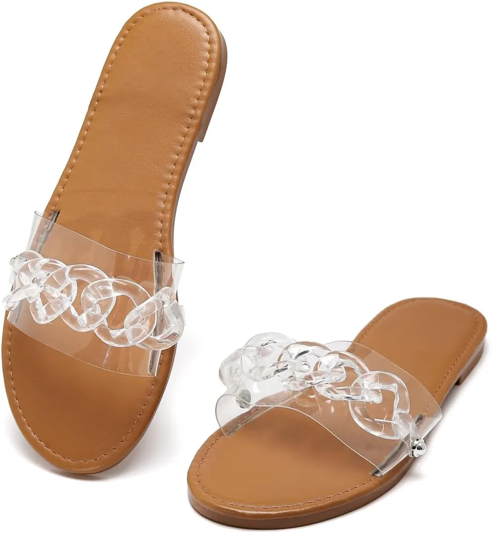 pearl&she Women Summer Glitter Candy Color Chain Slides Flat Low Wedge Sparkle ladies Sandals Shoes