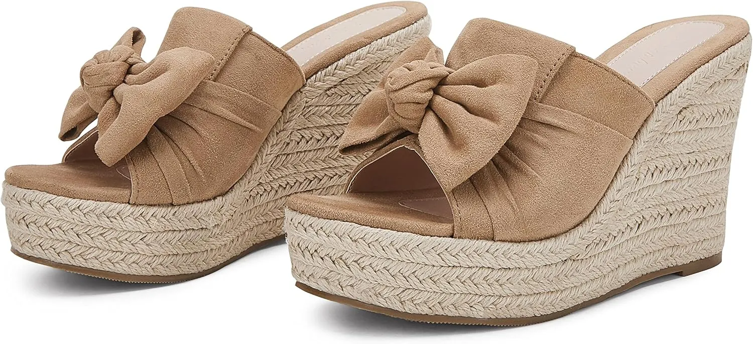 PiePieBuy Womens Platform Espadrilles Slip On Wedge Sandals Bow Tie Open Toe Slides Shoes