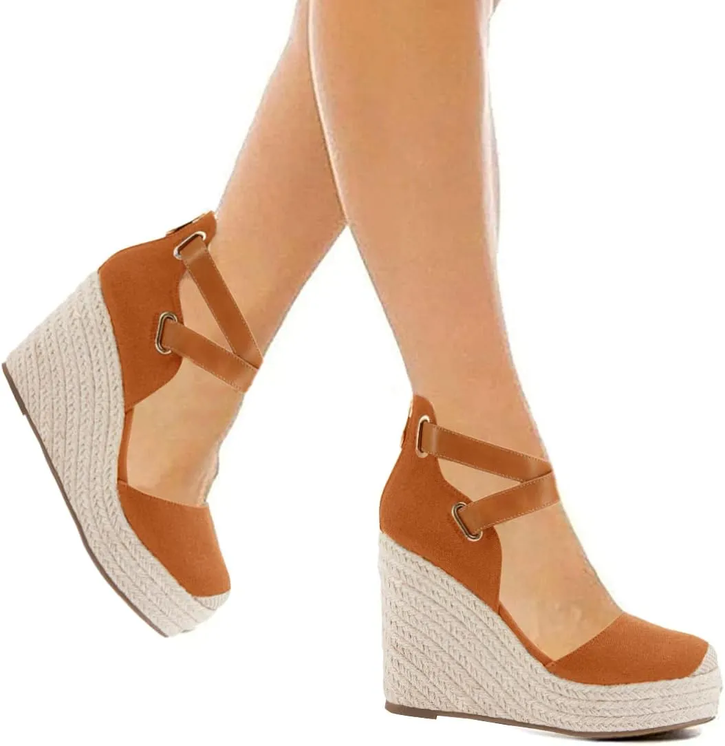 PiePieBuy Womens Wedge Espadrille Ankle Strap Closed Cap Toe Platform Heeled Sandals