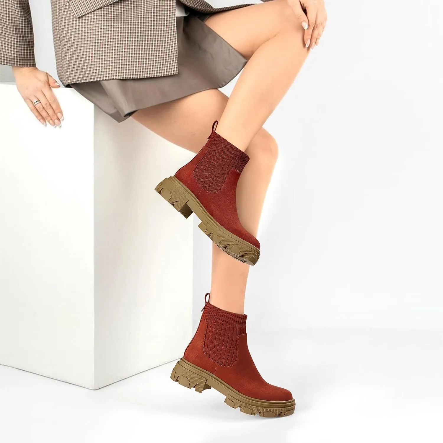 PIZZ ANNU Women's ClEARY Fashion Chelsea Boots Platform Lug Sole Combat Casual Elastic Chunky Heel Ankle Booties Shoes