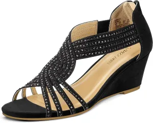 PIZZ ANNU Women's Diana Low Wedge Sandals Sparkly Rhinestone Open Toe Fashion Dress Shoes for Woman Lady in Bridal Dance Evening