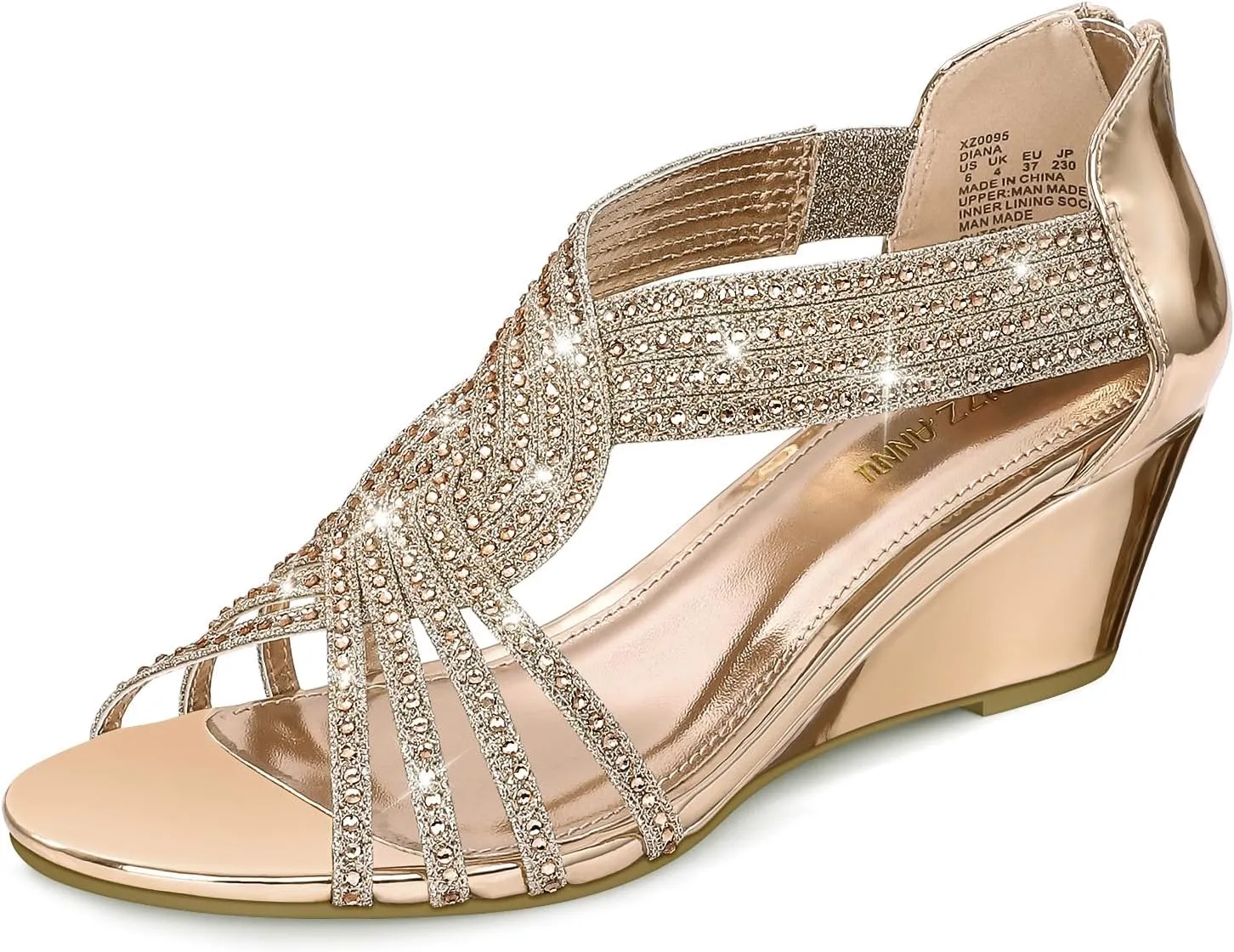 PIZZ ANNU Women's Diana Low Wedge Sandals Sparkly Rhinestone Open Toe Fashion Dress Shoes for Woman Lady in Bridal Dance Evening