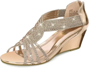 PIZZ ANNU Women's Diana Low Wedge Sandals Sparkly Rhinestone Open Toe Fashion Dress Shoes for Woman Lady in Bridal Dance Evening
