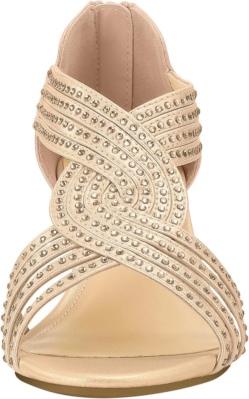 PIZZ ANNU Women's Diana Low Wedge Sandals Sparkly Rhinestone Open Toe Fashion Dress Shoes for Woman Lady in Bridal Dance Evening