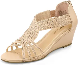 PIZZ ANNU Women's Diana Low Wedge Sandals Sparkly Rhinestone Open Toe Fashion Dress Shoes for Woman Lady in Bridal Dance Evening