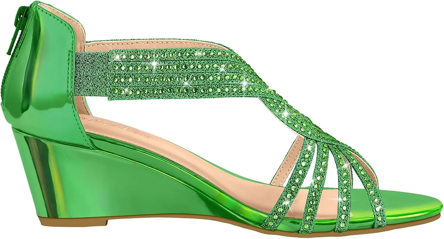 PIZZ ANNU Women's Diana Low Wedge Sandals Sparkly Rhinestone Open Toe Fashion Dress Shoes for Woman Lady in Bridal Dance Evening