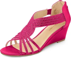 PIZZ ANNU Women's Diana Low Wedge Sandals Sparkly Rhinestone Open Toe Fashion Dress Shoes for Woman Lady in Bridal Dance Evening