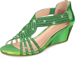 PIZZ ANNU Women's Diana Low Wedge Sandals Sparkly Rhinestone Open Toe Fashion Dress Shoes for Woman Lady in Bridal Dance Evening