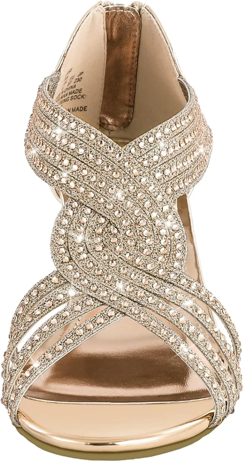PIZZ ANNU Women's Diana Low Wedge Sandals Sparkly Rhinestone Open Toe Fashion Dress Shoes for Woman Lady in Bridal Dance Evening