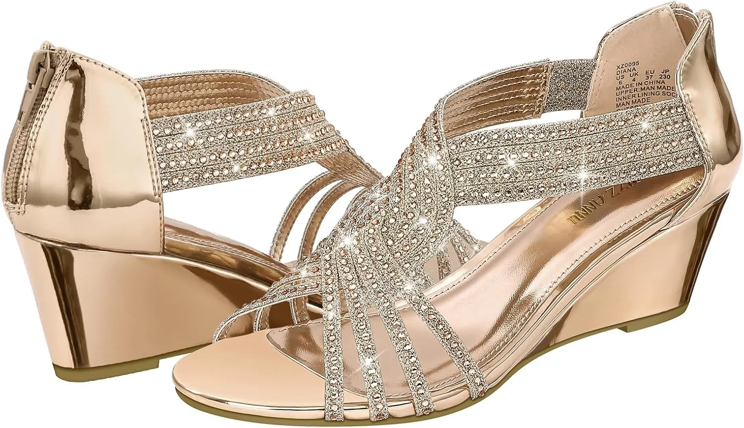 PIZZ ANNU Women's Diana Low Wedge Sandals Sparkly Rhinestone Open Toe Fashion Dress Shoes for Woman Lady in Bridal Dance Evening