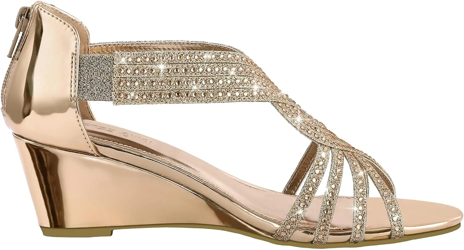 PIZZ ANNU Women's Diana Low Wedge Sandals Sparkly Rhinestone Open Toe Fashion Dress Shoes for Woman Lady in Bridal Dance Evening