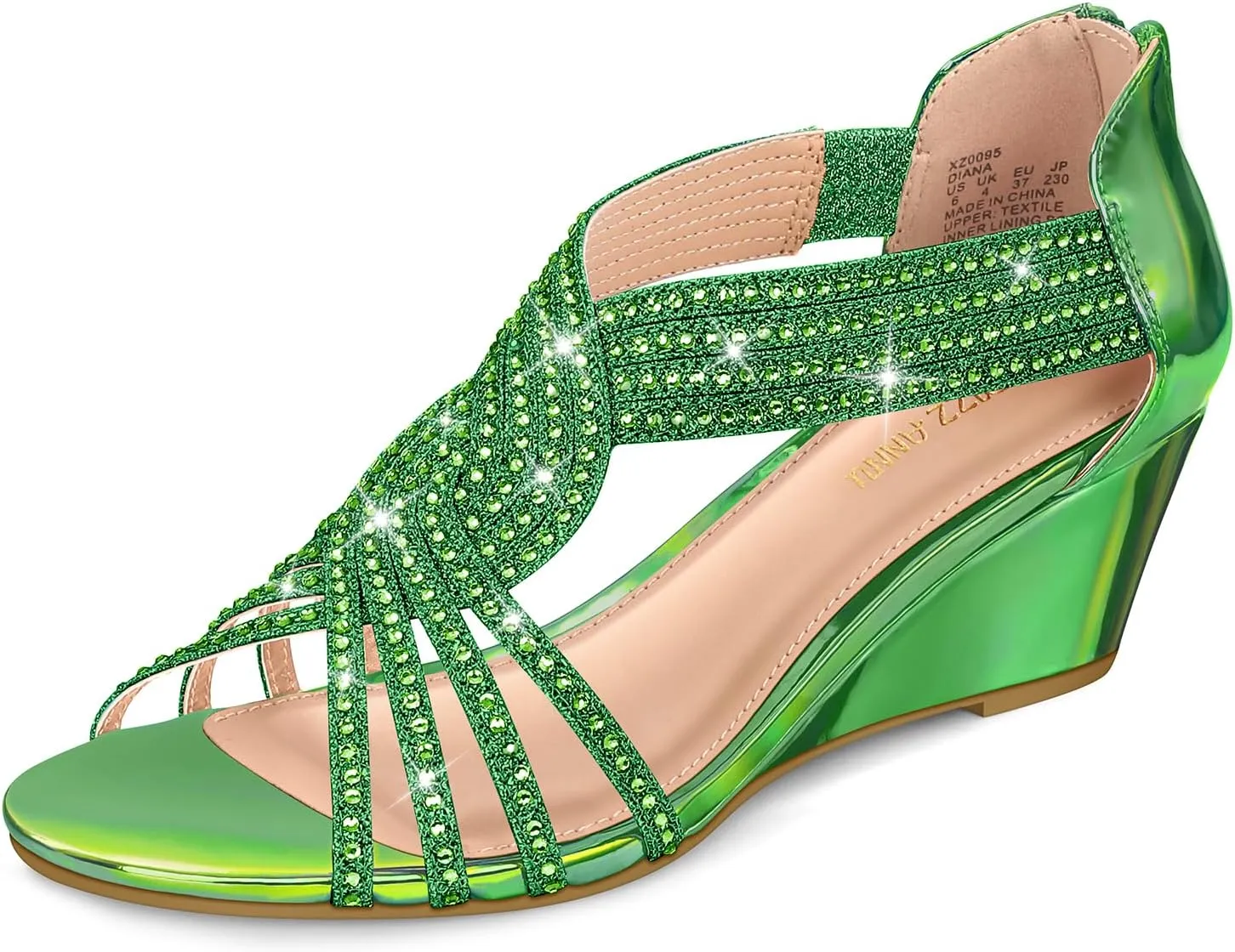 PIZZ ANNU Women's Diana Low Wedge Sandals Sparkly Rhinestone Open Toe Fashion Dress Shoes for Woman Lady in Bridal Dance Evening