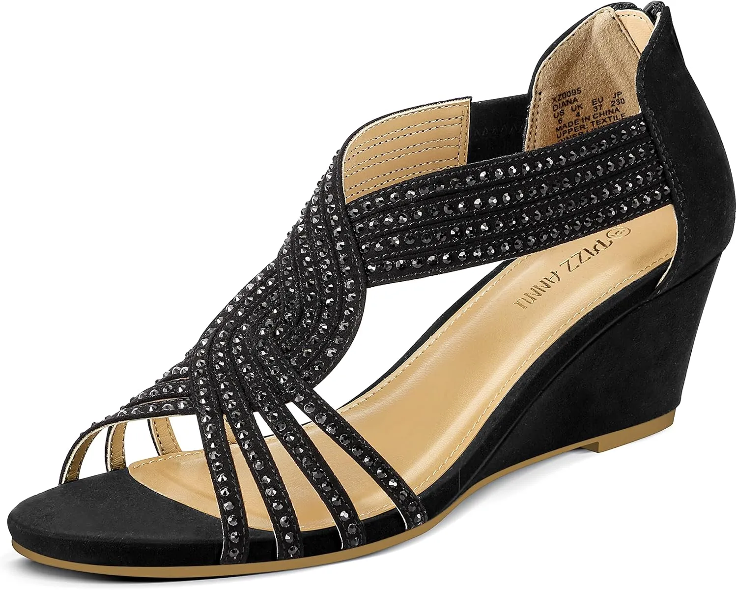 PIZZ ANNU Women's Diana Low Wedge Sandals Sparkly Rhinestone Open Toe Fashion Dress Shoes for Woman Lady in Bridal Dance Evening