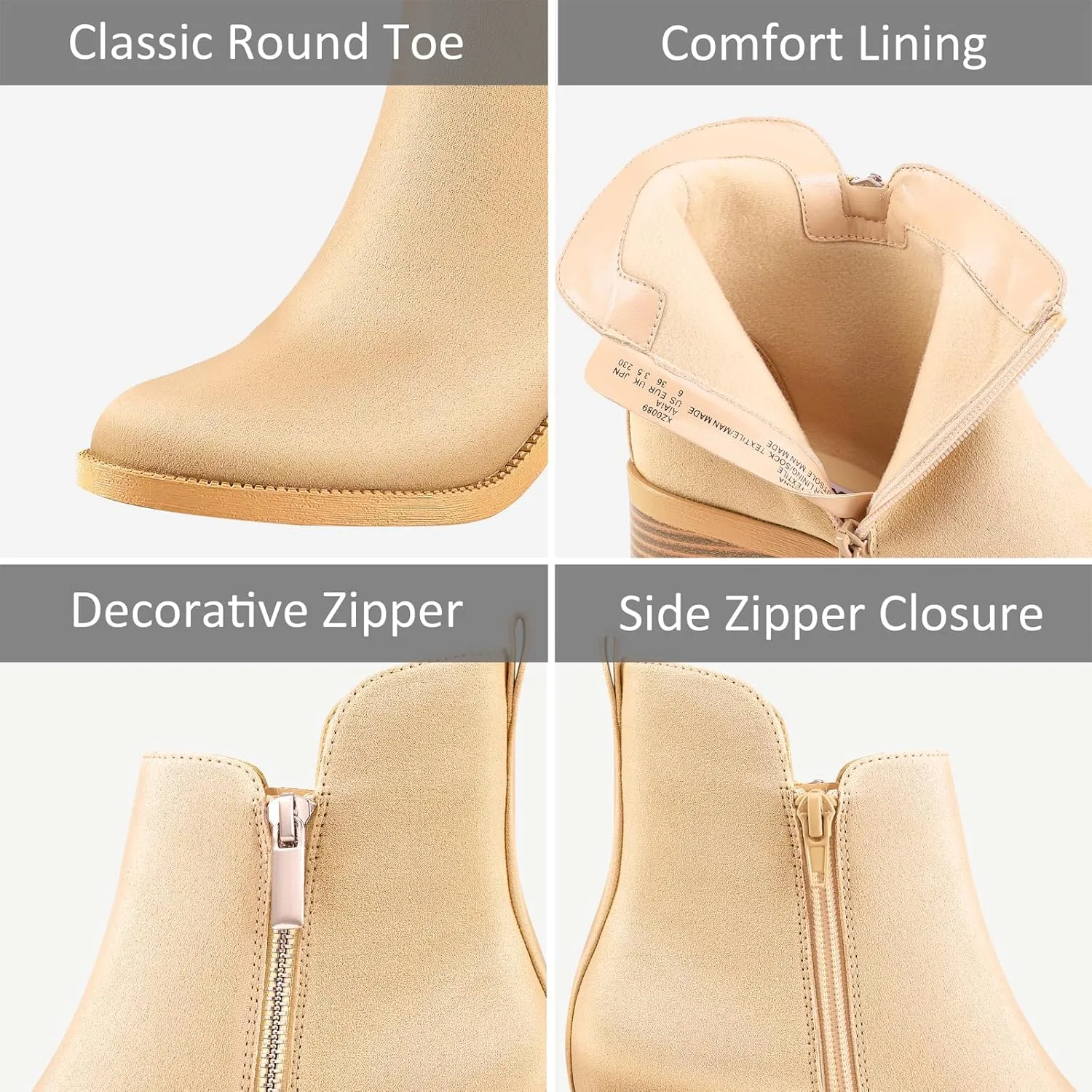PIZZ ANNU Women's Fashion Ankle Boots Round Toe Low Chunky Block Heel Non-Slip Comfortable Short Boots Side Zipper Booties Shoes