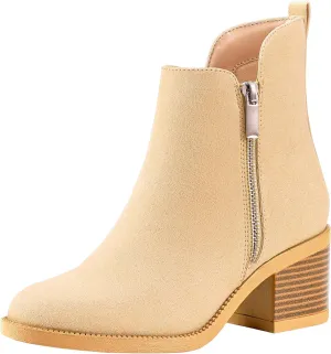PIZZ ANNU Women's Fashion Ankle Boots Round Toe Low Chunky Block Heel Non-Slip Comfortable Short Boots Side Zipper Booties Shoes