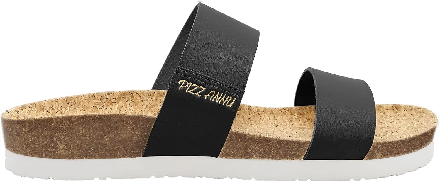PIZZ ANNU Women's Slide Sandals Open Toe Two Strap Flat Sandals With Comfort Cork Footbed Slip-On Casual Summer Shoes