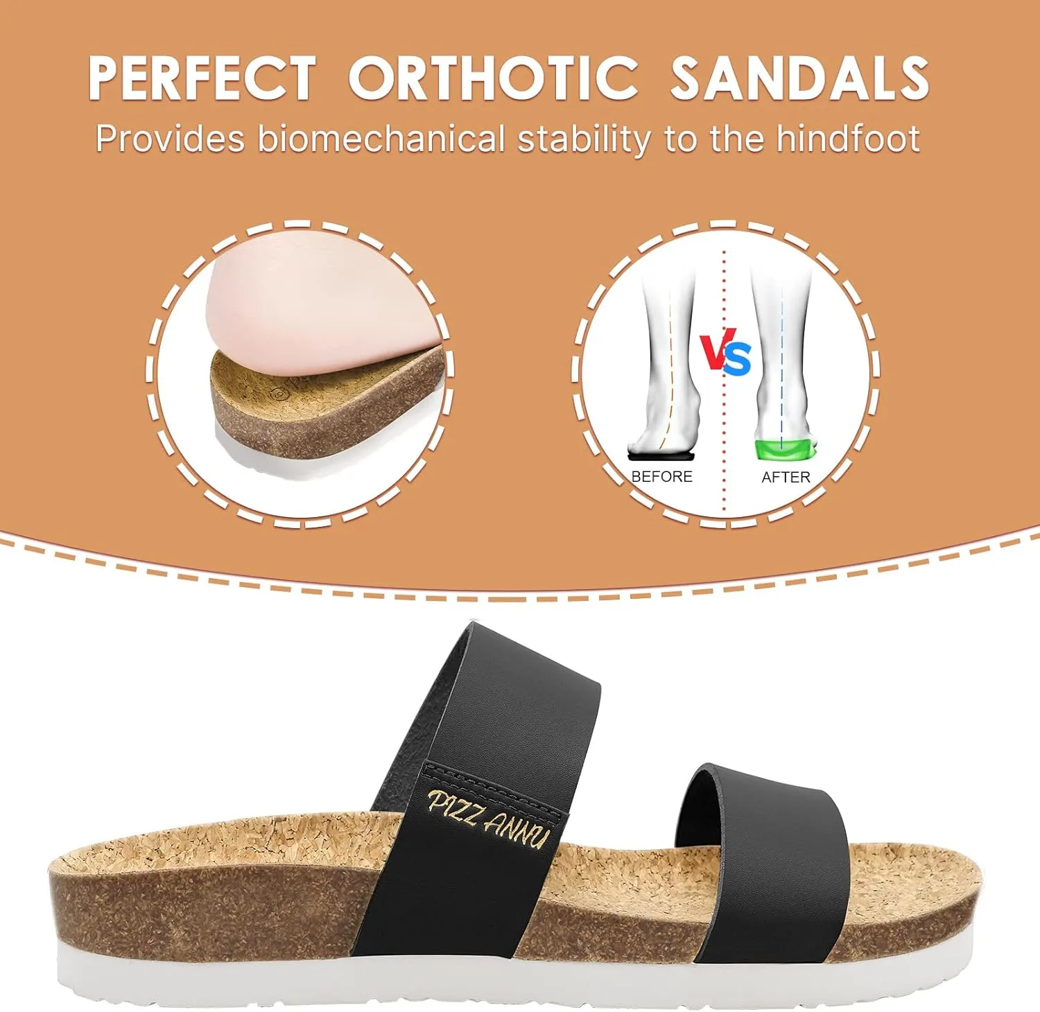 PIZZ ANNU Women's Slide Sandals Open Toe Two Strap Flat Sandals With Comfort Cork Footbed Slip-On Casual Summer Shoes