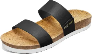 PIZZ ANNU Women's Slide Sandals Open Toe Two Strap Flat Sandals With Comfort Cork Footbed Slip-On Casual Summer Shoes