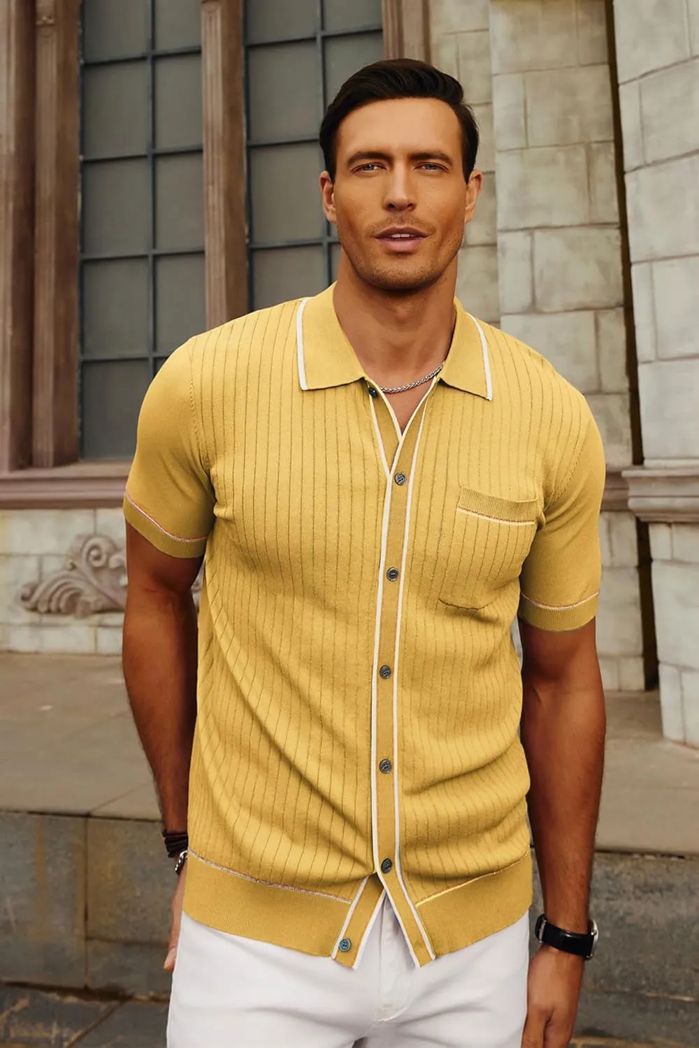PJ PAUL JONES Mens Knit Shirts Vintage Retro Short Sleeve Button Down Vacation Polo Shirts