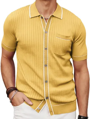 PJ PAUL JONES Mens Knit Shirts Vintage Retro Short Sleeve Button Down Vacation Polo Shirts