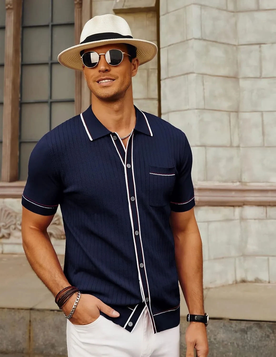 PJ PAUL JONES Mens Knit Shirts Vintage Retro Short Sleeve Button Down Vacation Polo Shirts