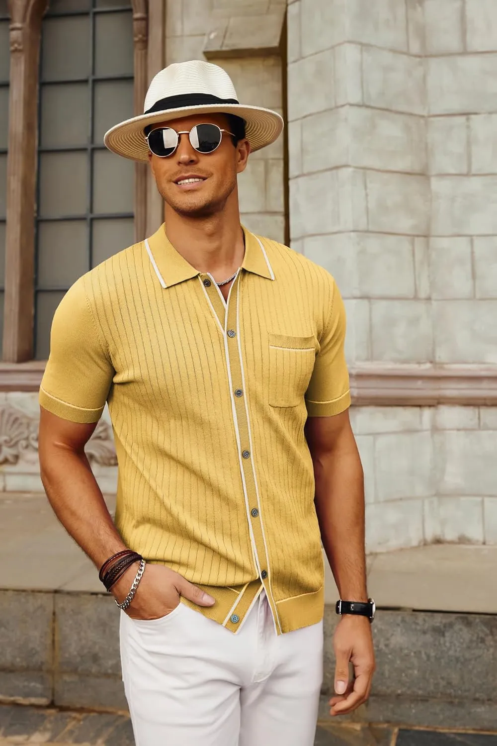 PJ PAUL JONES Mens Knit Shirts Vintage Retro Short Sleeve Button Down Vacation Polo Shirts