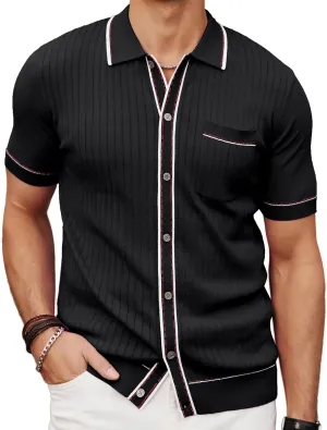 PJ PAUL JONES Mens Knit Shirts Vintage Retro Short Sleeve Button Down Vacation Polo Shirts