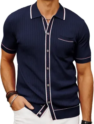 PJ PAUL JONES Mens Knit Shirts Vintage Retro Short Sleeve Button Down Vacation Polo Shirts