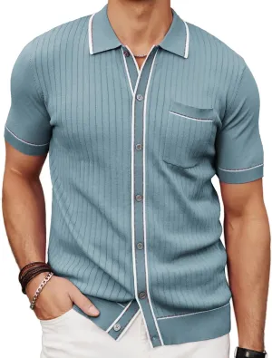 PJ PAUL JONES Mens Knit Shirts Vintage Retro Short Sleeve Button Down Vacation Polo Shirts