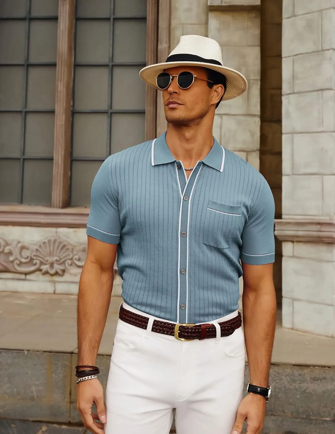 PJ PAUL JONES Mens Knit Shirts Vintage Retro Short Sleeve Button Down Vacation Polo Shirts