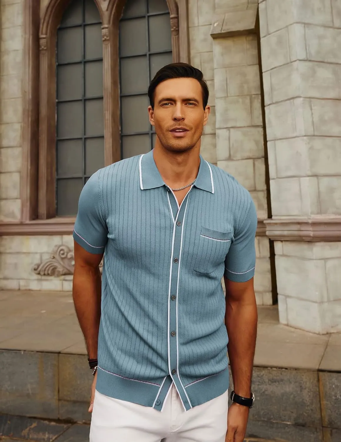 PJ PAUL JONES Mens Knit Shirts Vintage Retro Short Sleeve Button Down Vacation Polo Shirts