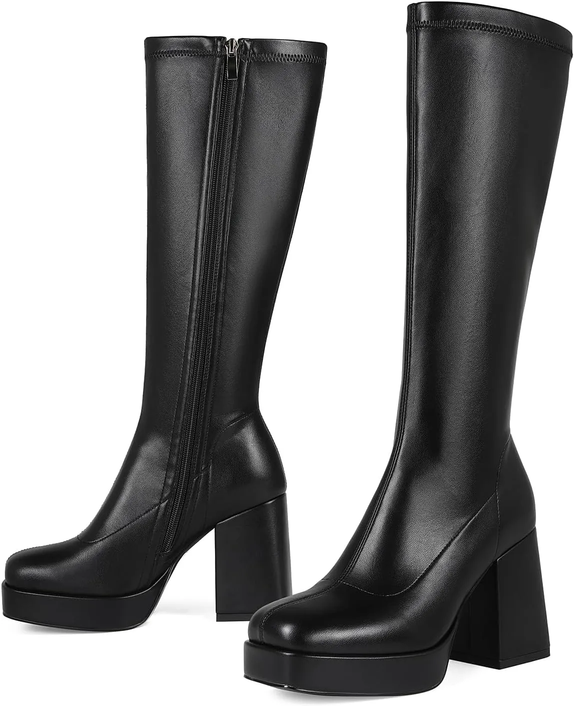 Platform Knee High Boots for Women Block Chunky High Heel Boot Square Toe Long Boots Women’s Elastic Stretchy Boots