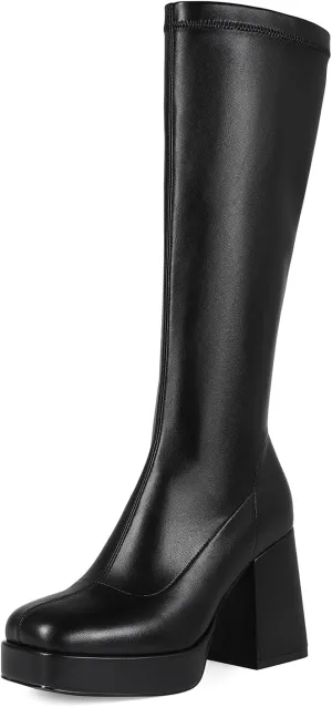 Platform Knee High Boots for Women Block Chunky High Heel Boot Square Toe Long Boots Women’s Elastic Stretchy Boots
