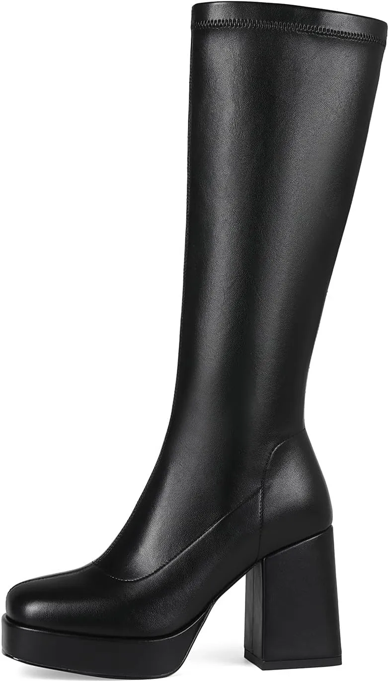 Platform Knee High Boots for Women Block Chunky High Heel Boot Square Toe Long Boots Women’s Elastic Stretchy Boots