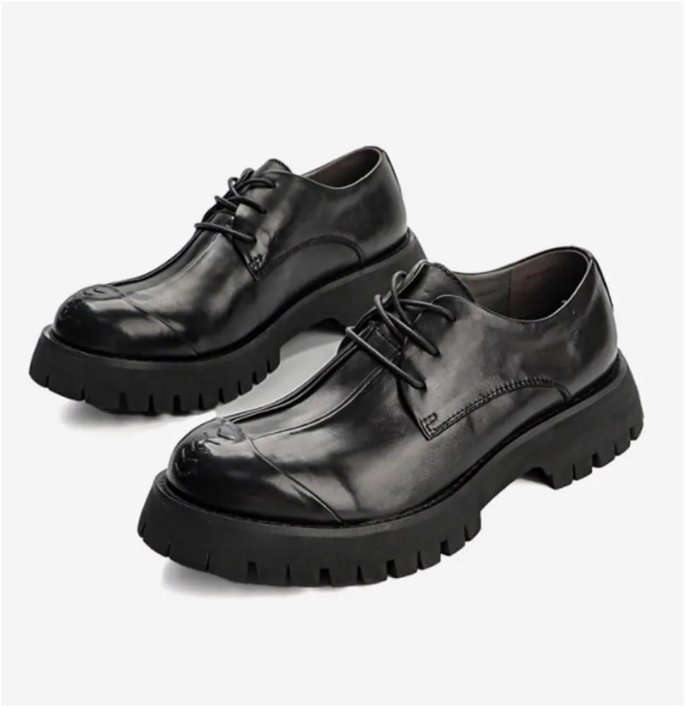Platform Oxfords Round Toe Slip Resistant Low Top Office Loafers Lug Sole Heightening Business Lace-up Wedding Shoes