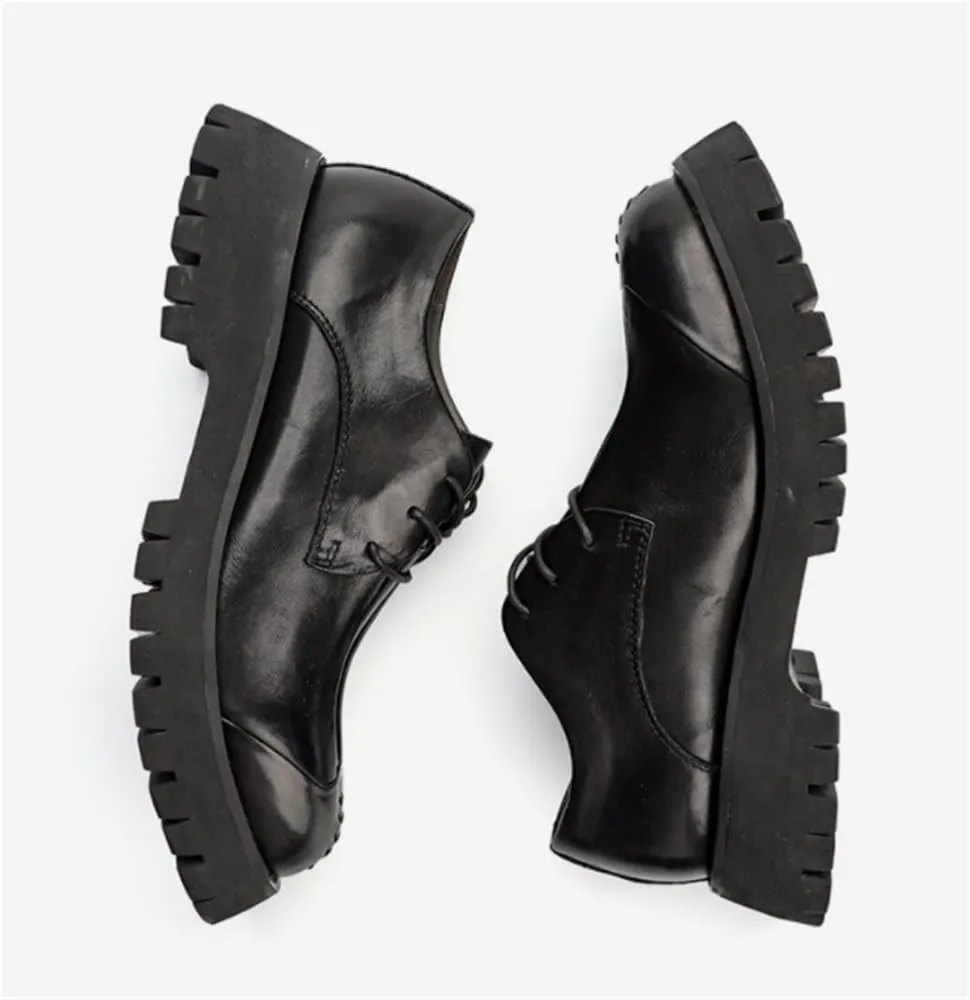 Platform Oxfords Round Toe Slip Resistant Low Top Office Loafers Lug Sole Heightening Business Lace-up Wedding Shoes