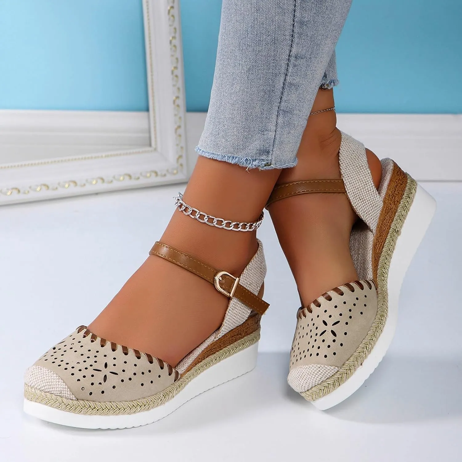 Platform Sandals for Women 2025 Breathable Hollow Out Closed Toe Slip On Sandals Buckle Ankle Strap Wedge Sandal Arch Support Slippers Fashion Summer Bohemia Beach Shoes