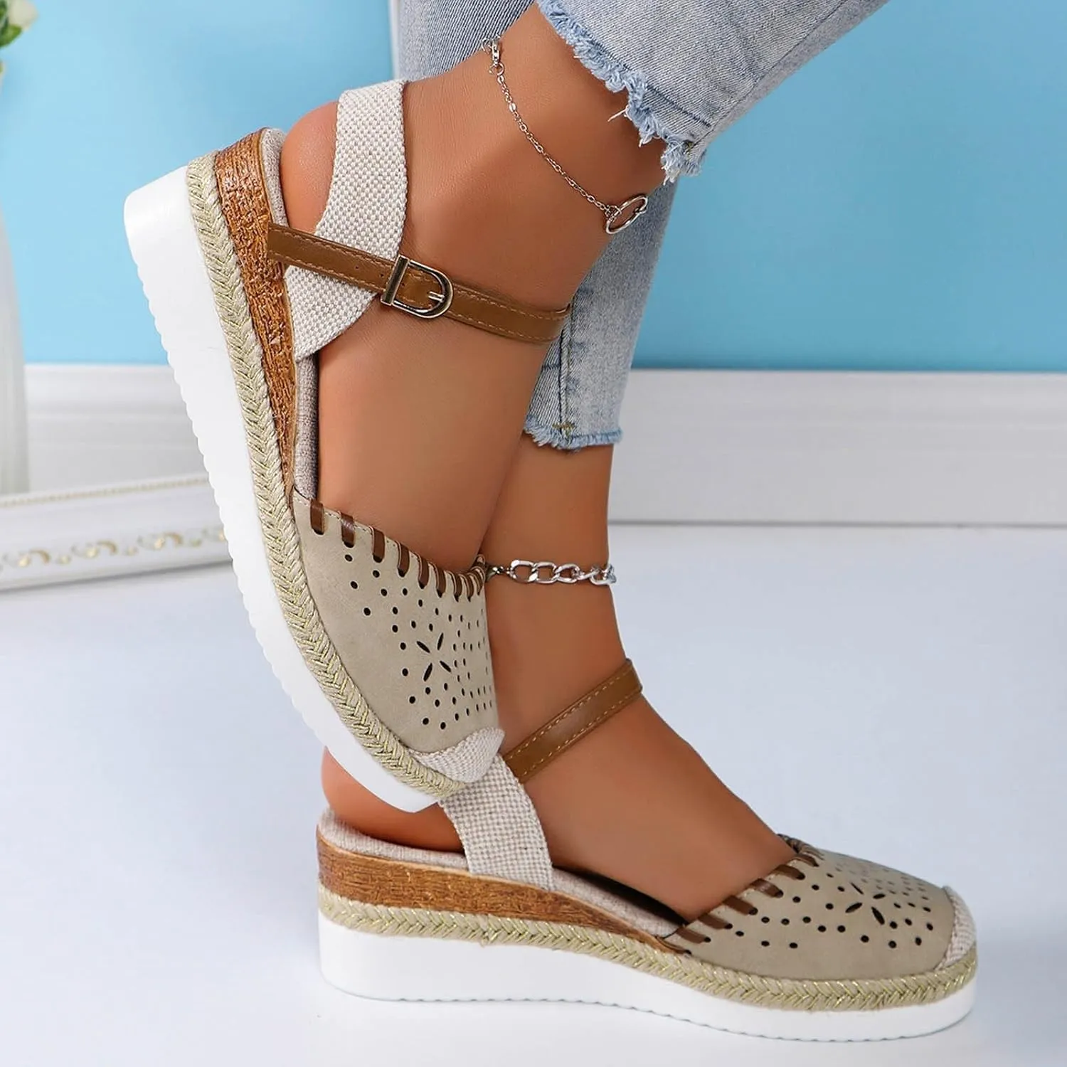 Platform Sandals for Women 2025 Breathable Hollow Out Closed Toe Slip On Sandals Buckle Ankle Strap Wedge Sandal Arch Support Slippers Fashion Summer Bohemia Beach Shoes