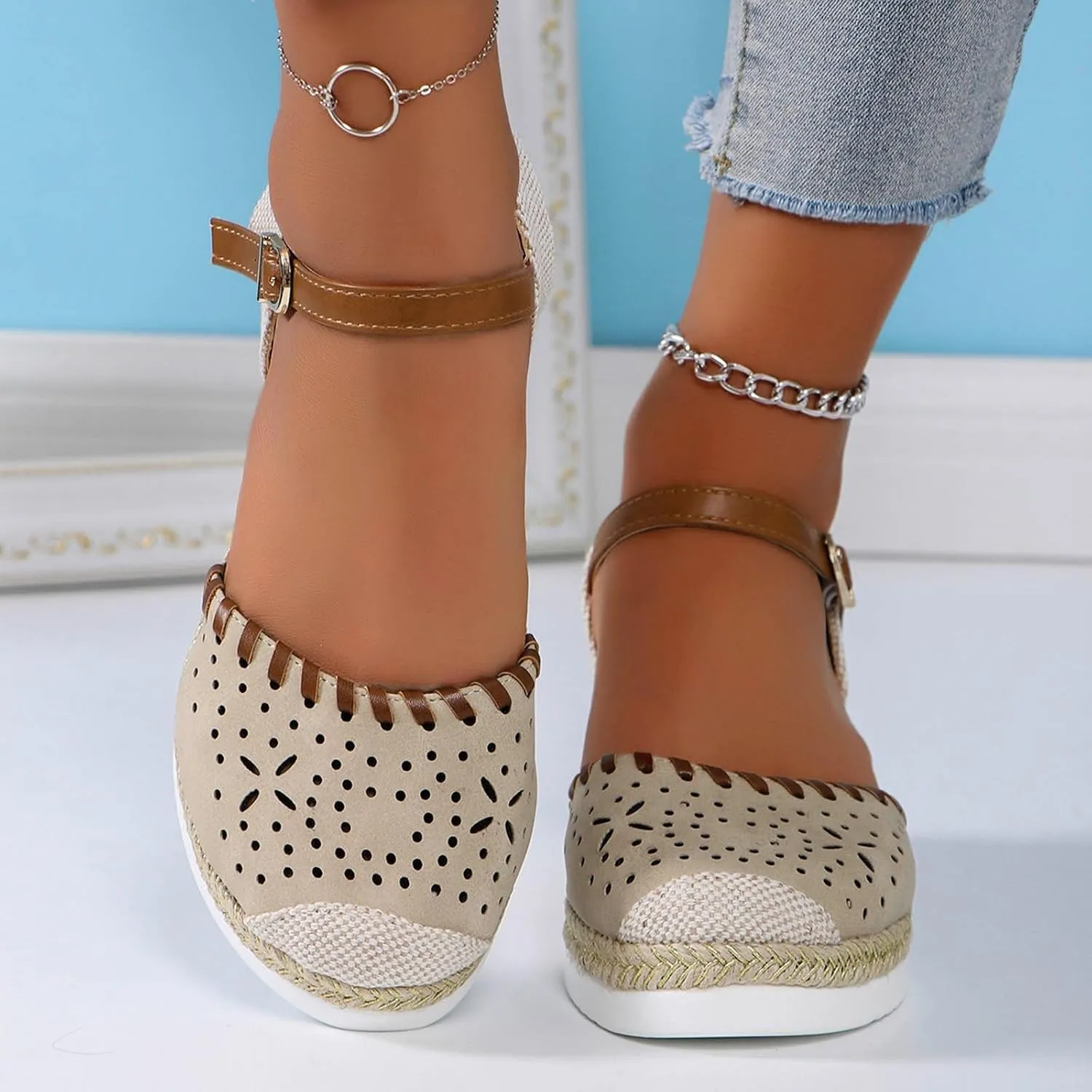 Platform Sandals for Women 2025 Breathable Hollow Out Closed Toe Slip On Sandals Buckle Ankle Strap Wedge Sandal Arch Support Slippers Fashion Summer Bohemia Beach Shoes