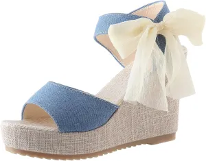Platform Sandals for Women Open Toe Non Slip Espadrille Wedge Sandals Ladies Elegant Strap Bowknot Walking Shoes Bridal Bridesmaid Sandal for Summer Wedding